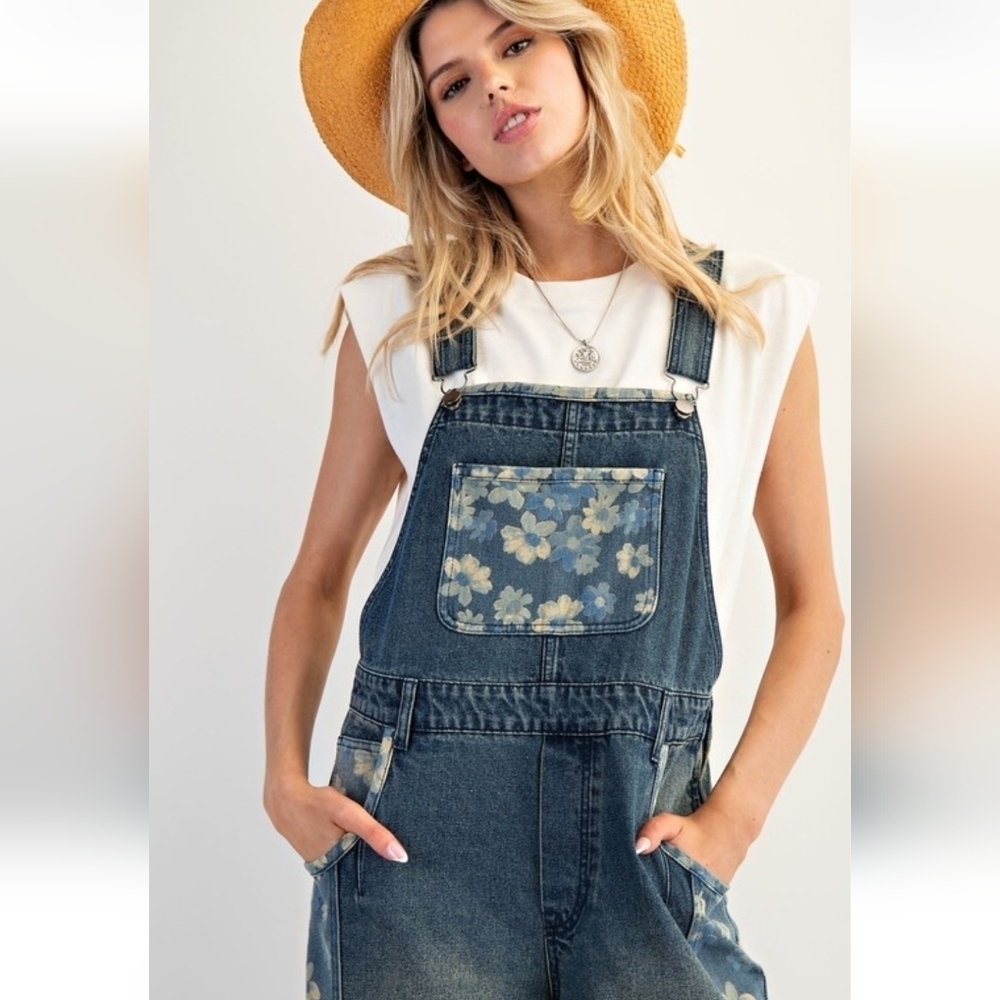 Easel Washed Denim Floral Flower Overalls Jumpsuit New
